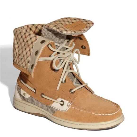 Sperry Women’s Topsider Ladyfish Brown Suede Plaid Fold over Winter Boots - Picture 1 of 9